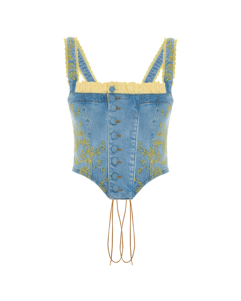 Embroidered Panelled Denim Corset