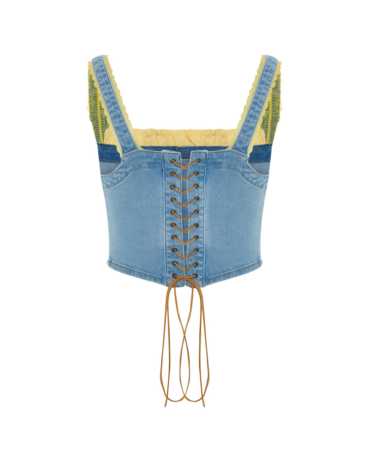 Embroidered Panelled Denim Corset