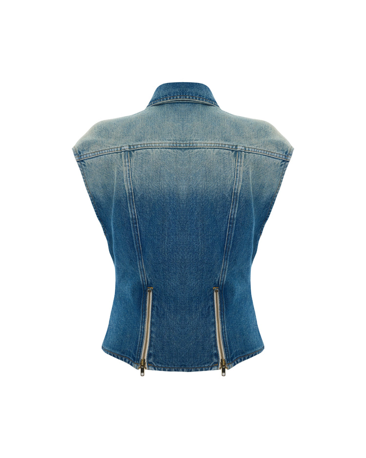 Overdyed Denim Embroidered Vest