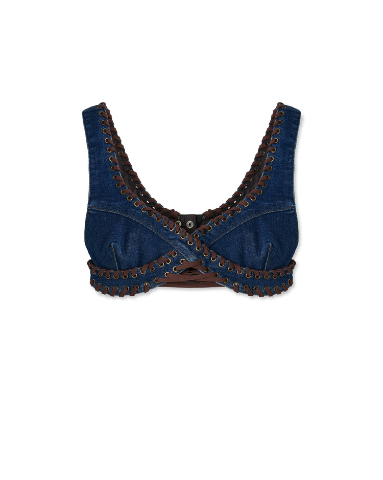 Washed Denim Bra With Eyelet