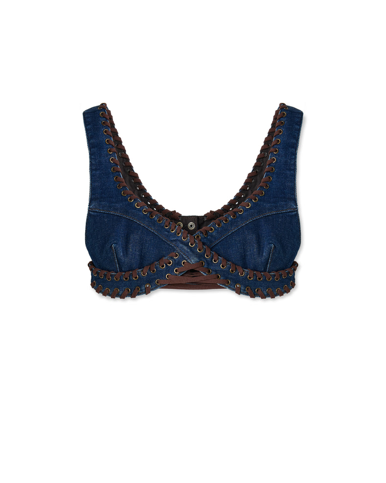 Washed Denim Bra With Eyelet
