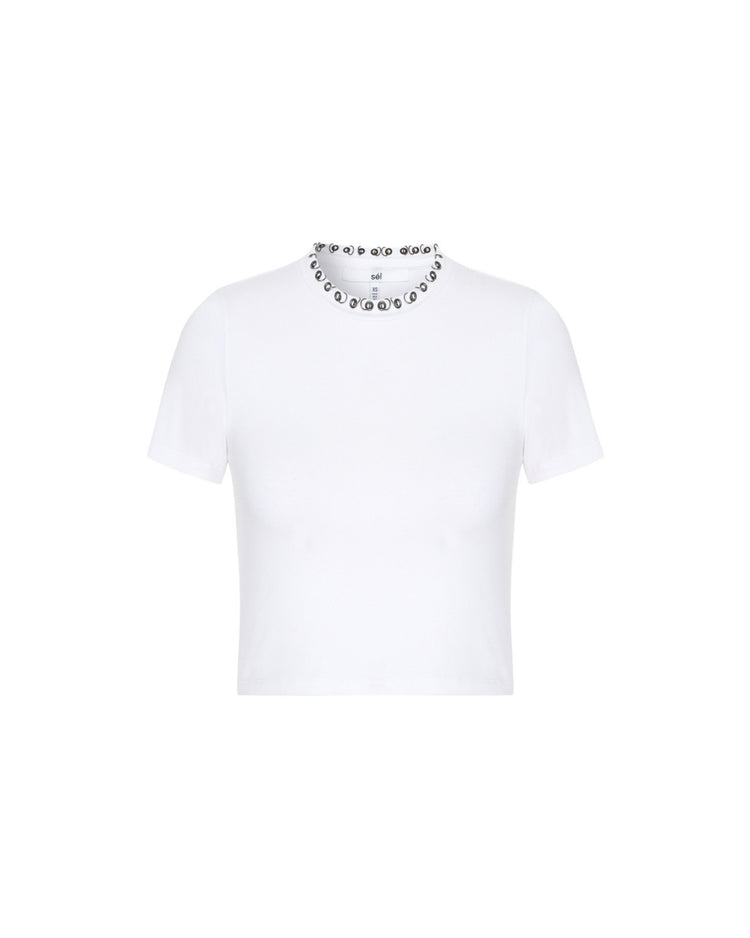 Piercing Detaylı Beyaz Crop Tişört