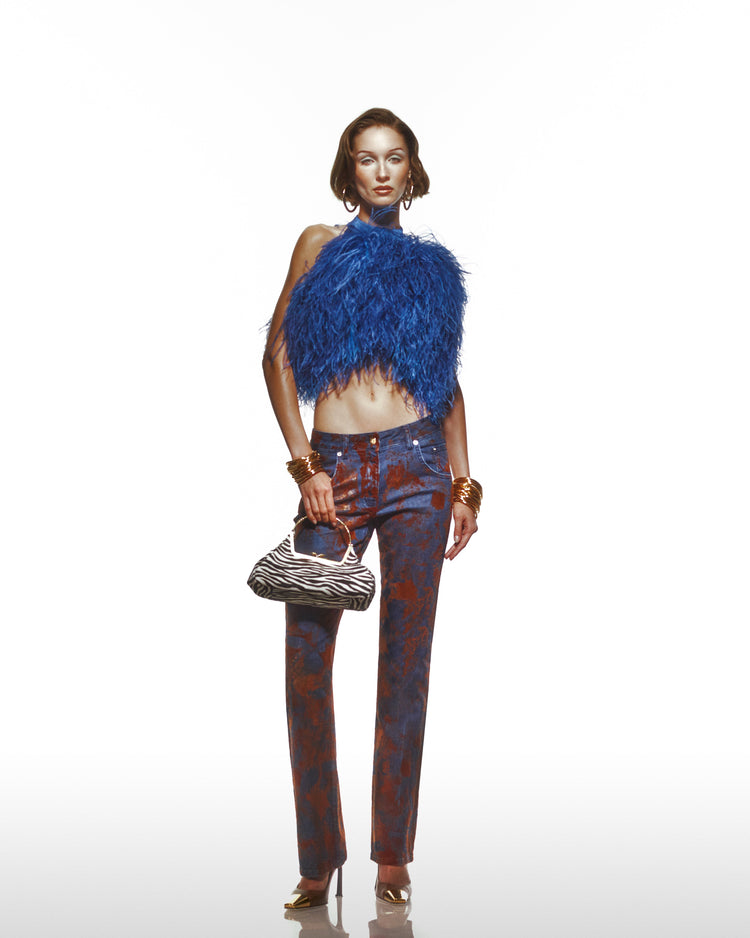 Devekuşu Tüy Detaylı Halter Yaka Crop Top