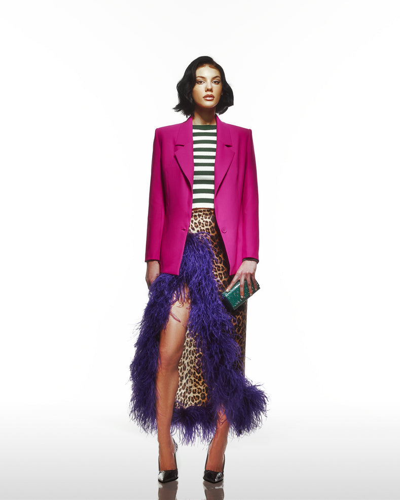 Leopard Print Silk Skirt With Purple Ostrich Trim