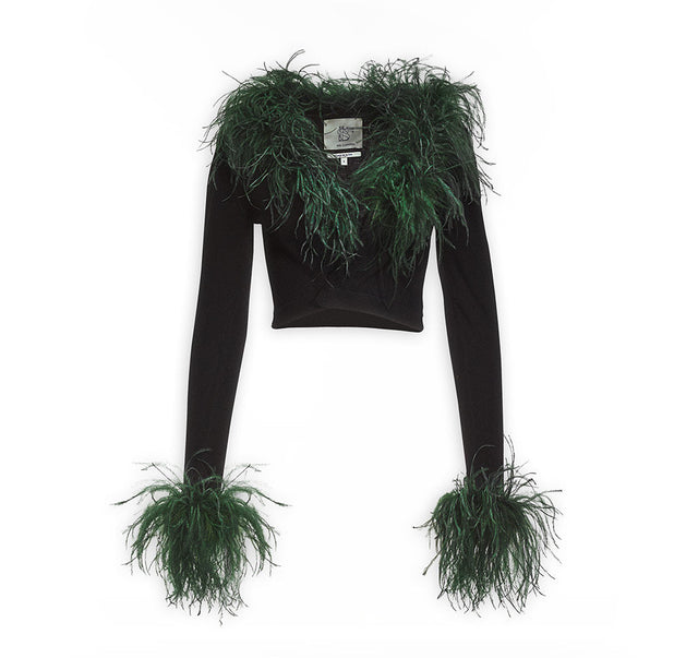 Ostrich Trimmed Black Soft Knit Gardigan