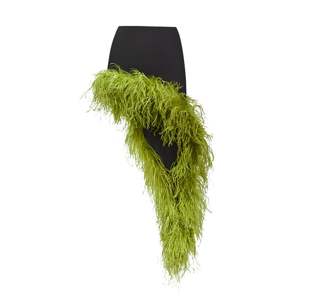 Asymmetic Slit Black Crepe Skirt With Green Ostrich Trim