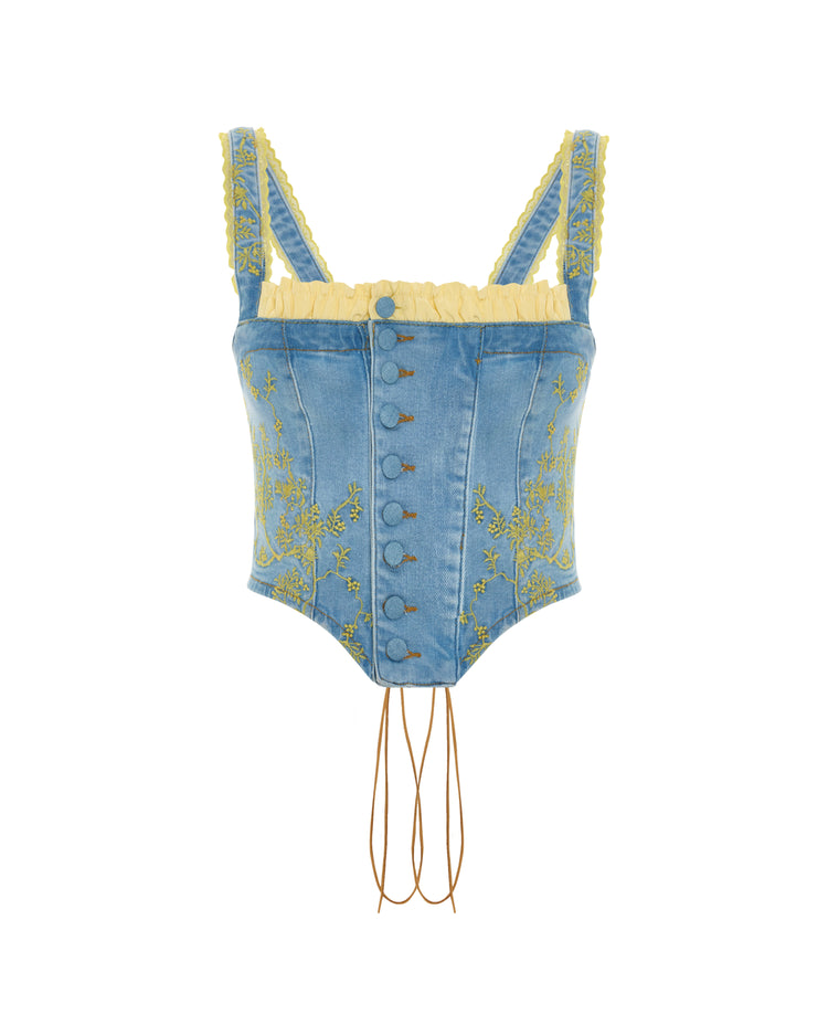 Embroidered Panelled Denim Corset