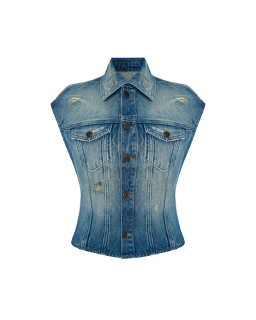 Overdyed Denim Embroidered Vest