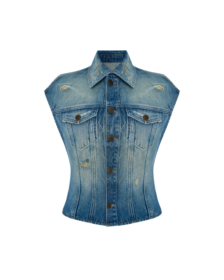 Overdyed Denim Embroidered Vest