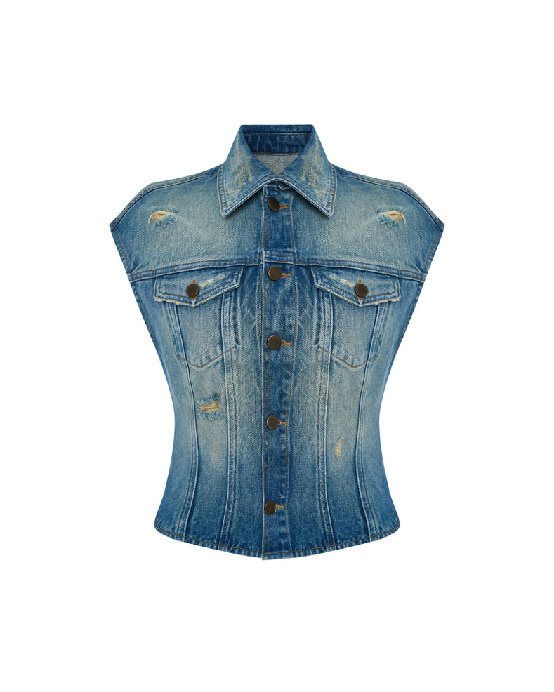 Overdyed Denim Embroidered Vest