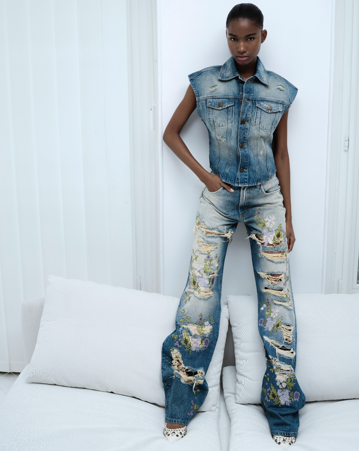 Overdyed Denim Embroidered Vest