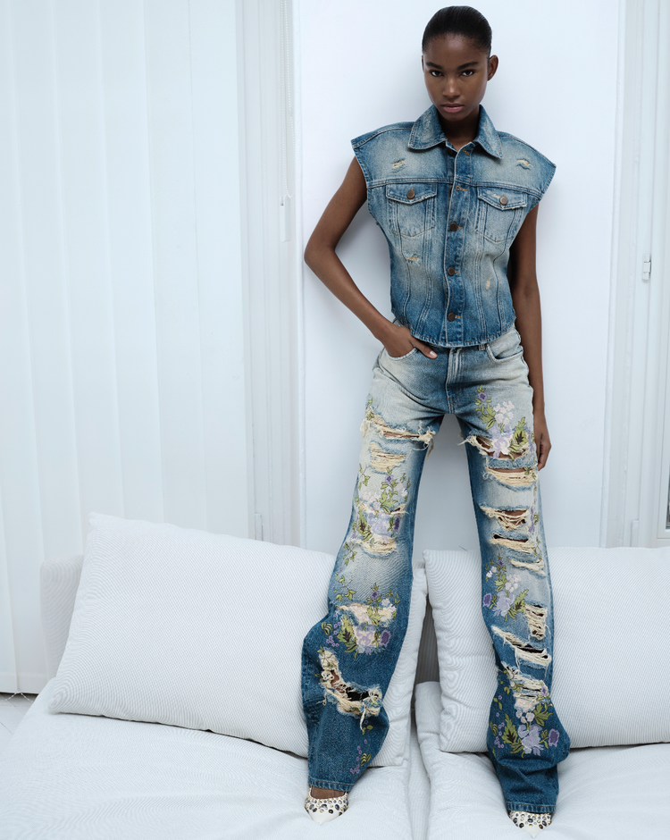 Overdyed Denim Embroidered Vest