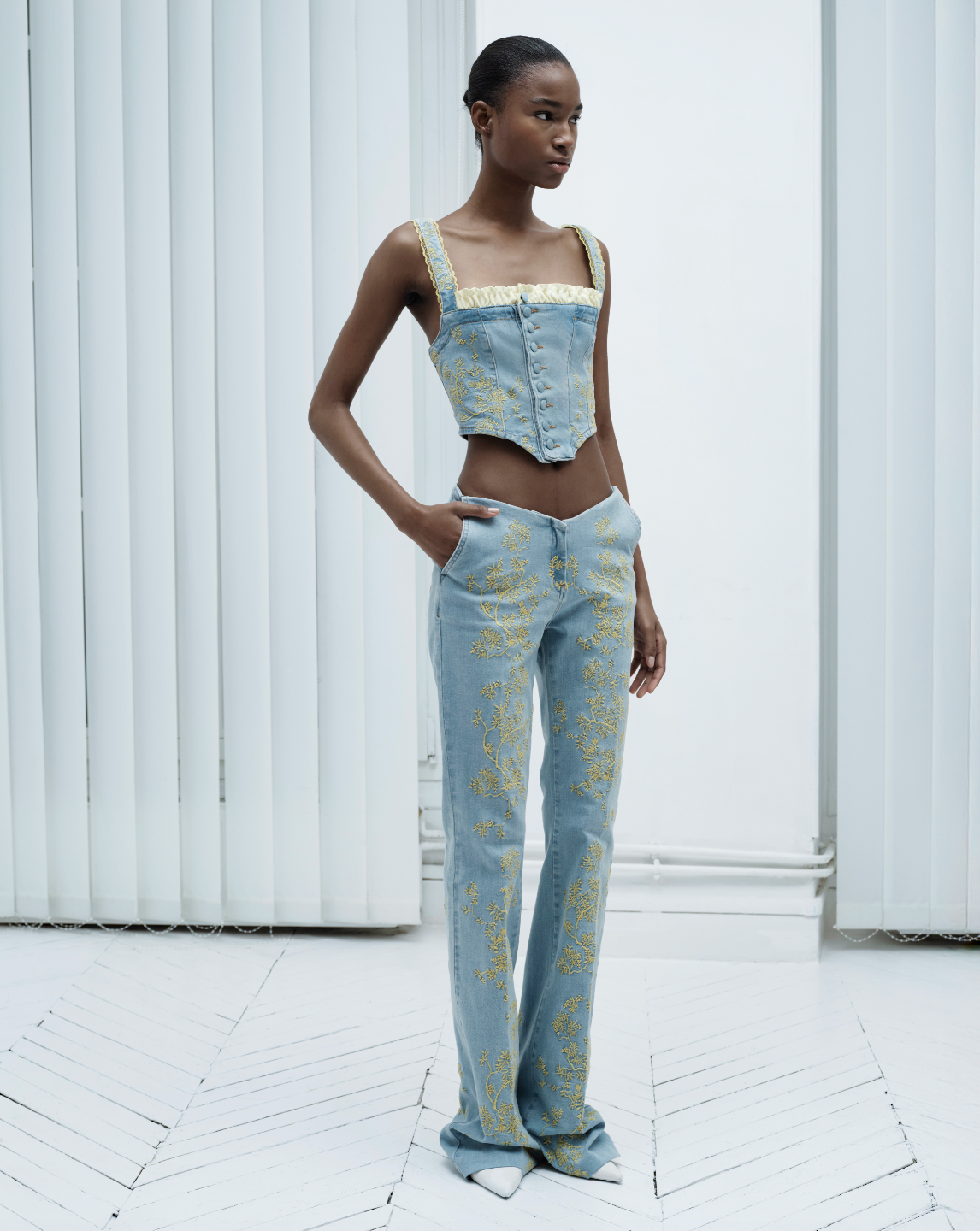 Embroidered Panelled Denim Corset