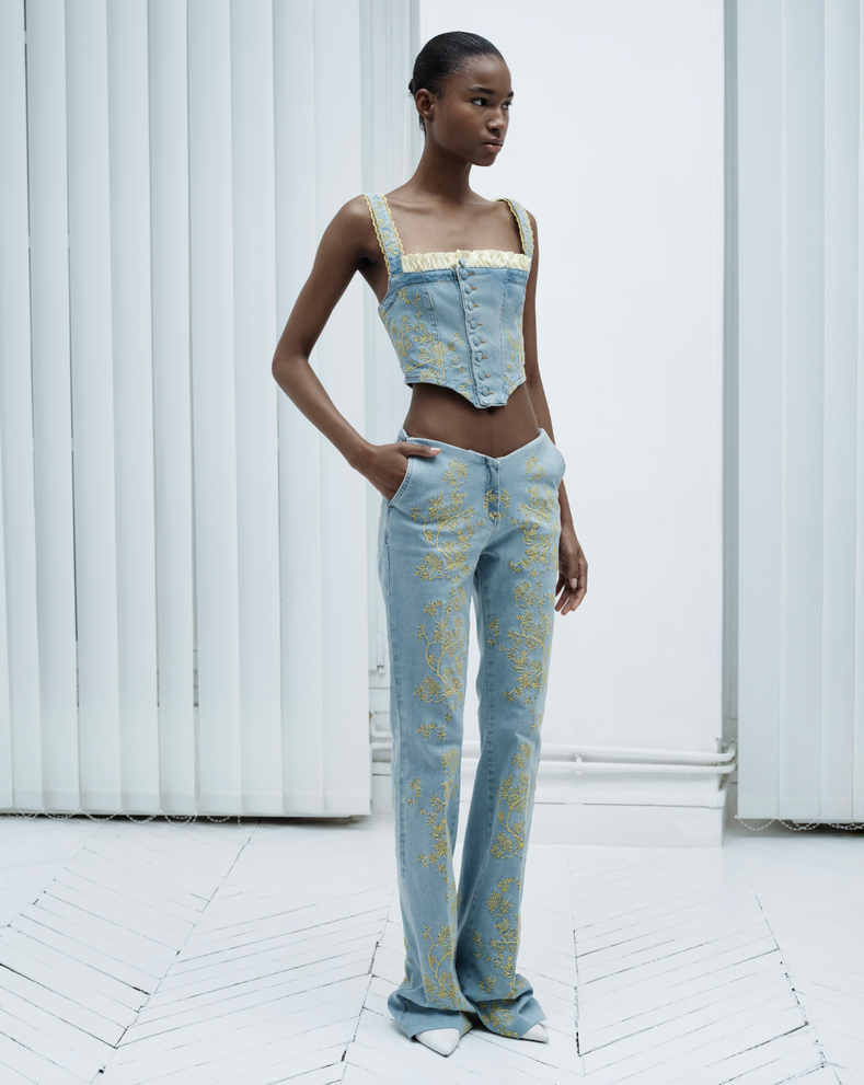 Embroidered Panelled Denim Corset