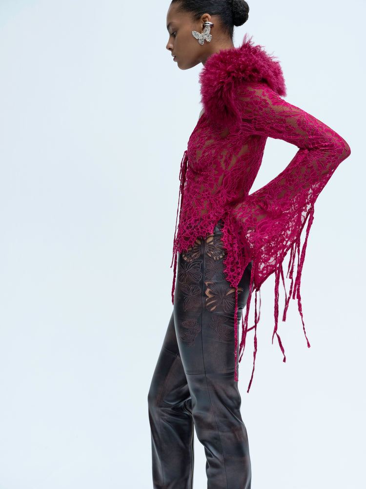 İşlemeli Deri Pantolon