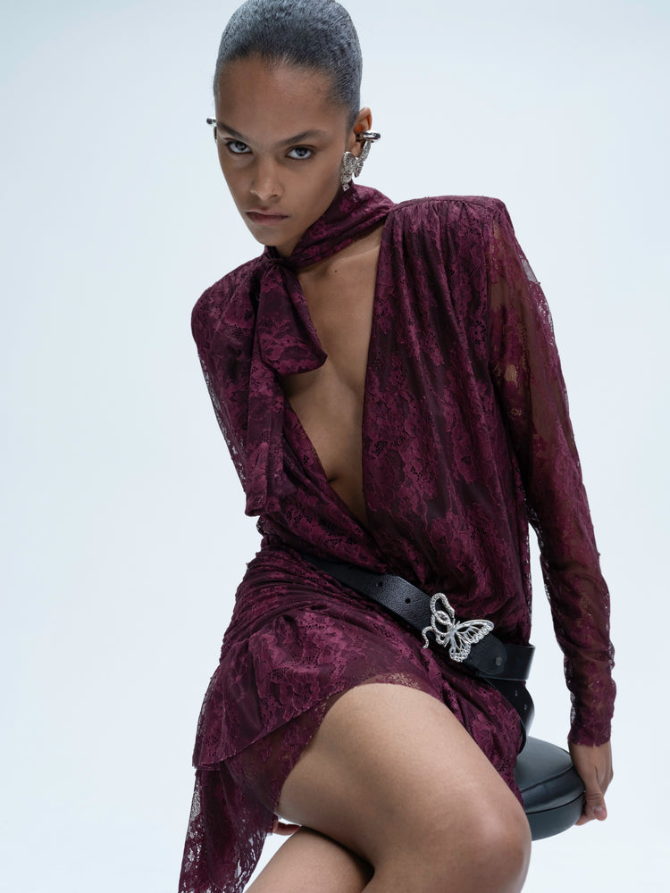 Piercing Detaylı Bordo Mini Elbise