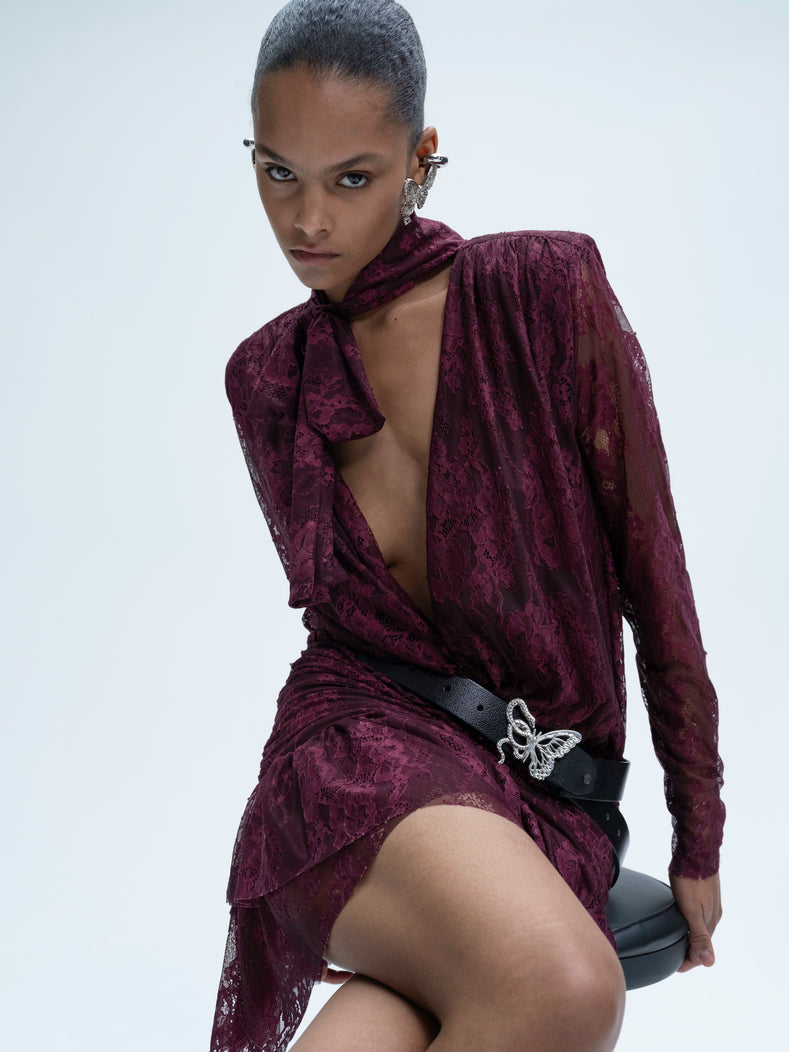 Piercing Detaylı Bordo Mini Elbise