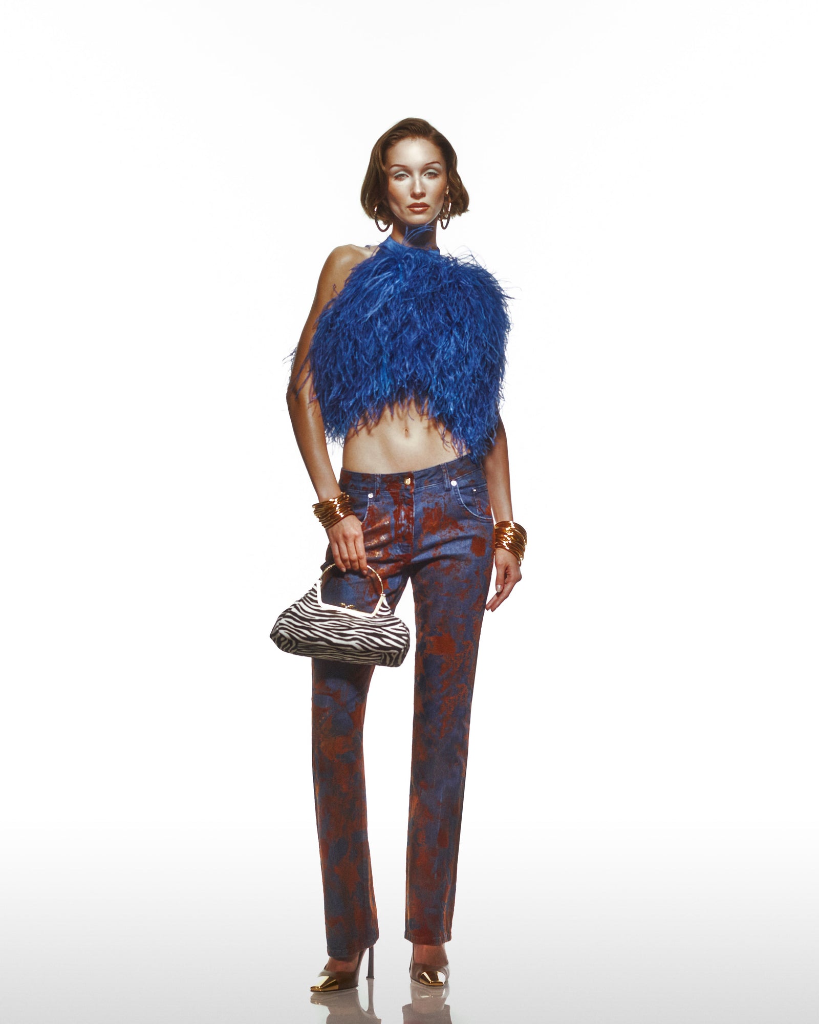 Devekuşu Tüy Detaylı Halter Yaka Crop Top