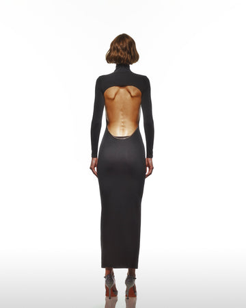 Arkası Zincir Detaylı Siyah Uzun Kollu Maksi Elbise