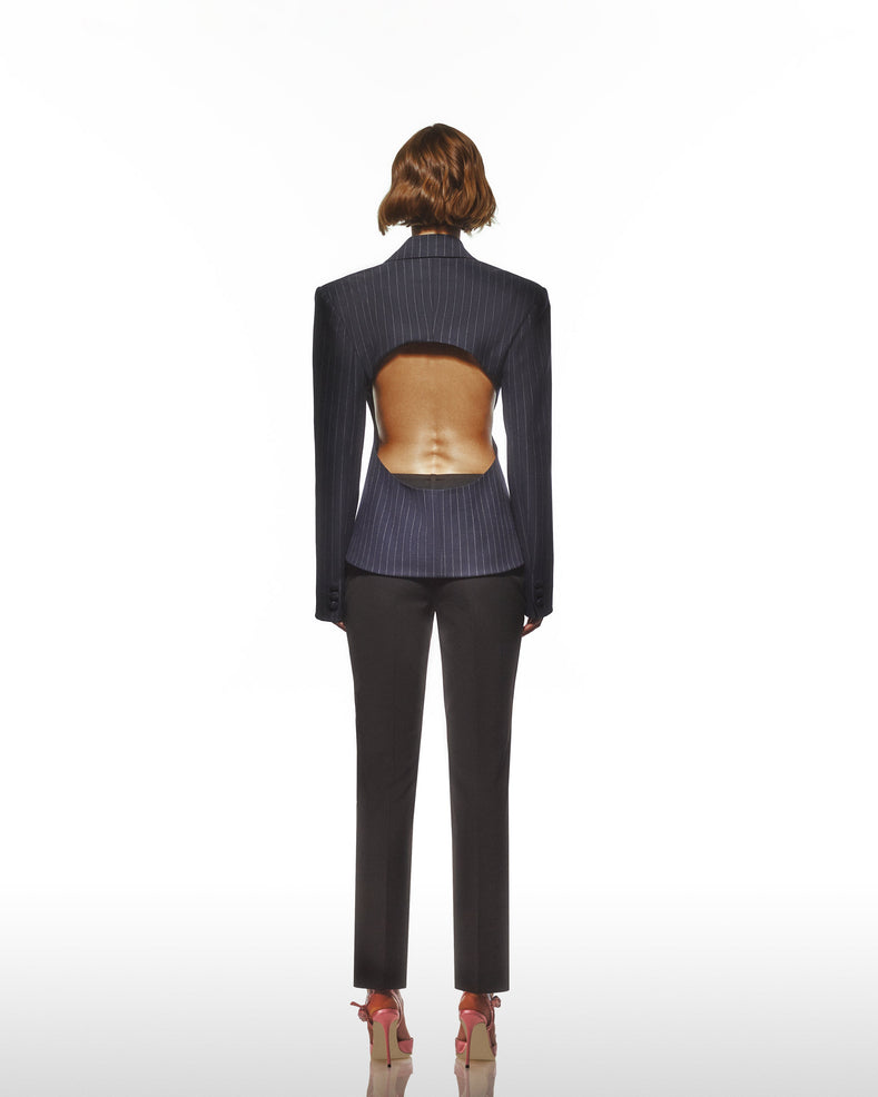 Striped Backless Blazer Jacket With Shoulder Pads