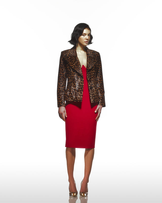 Leopard Print Pony  Hair Blazer Jacket With Red Lining