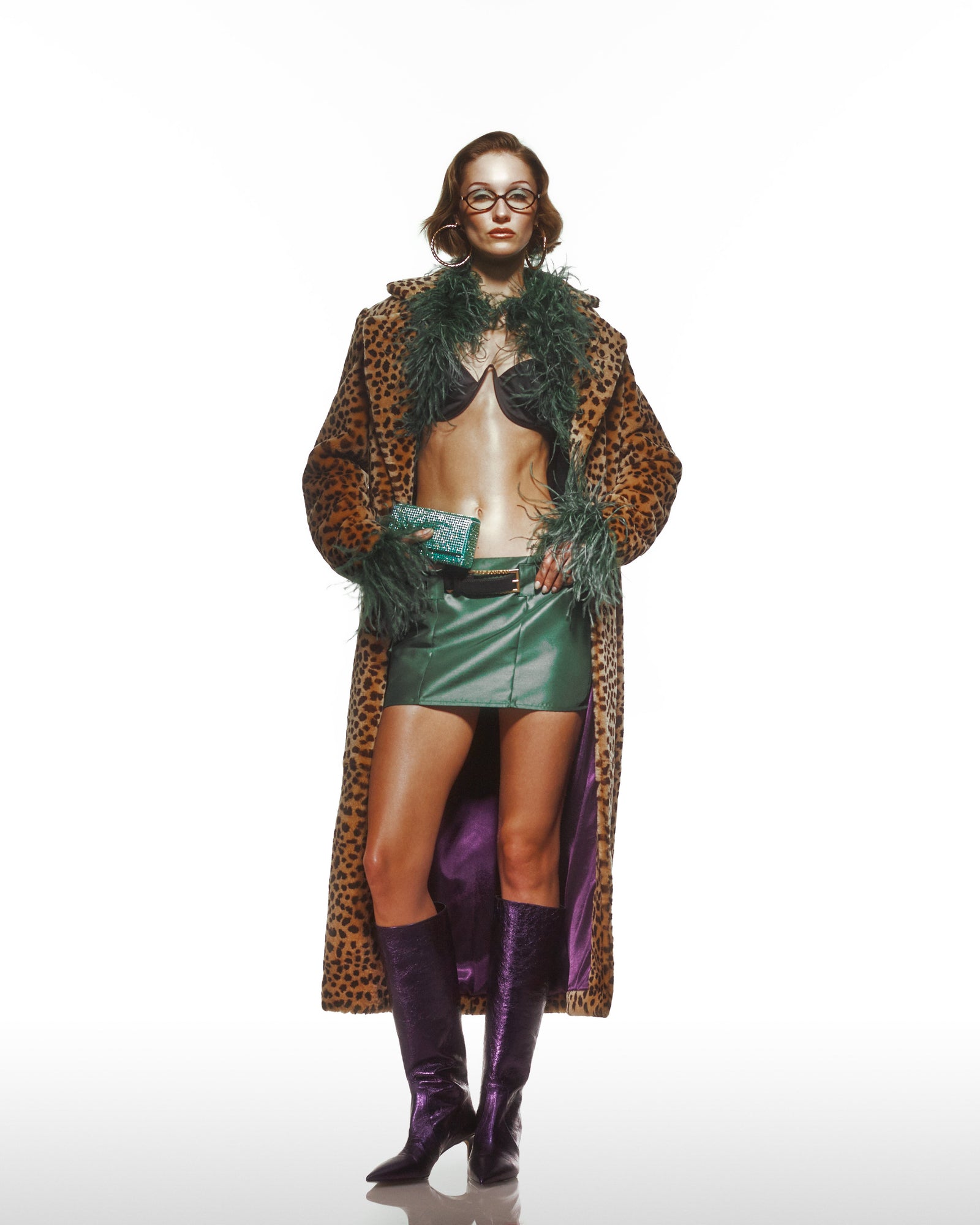 Low-rise Green Satin Mini Skirt With Brand Belt