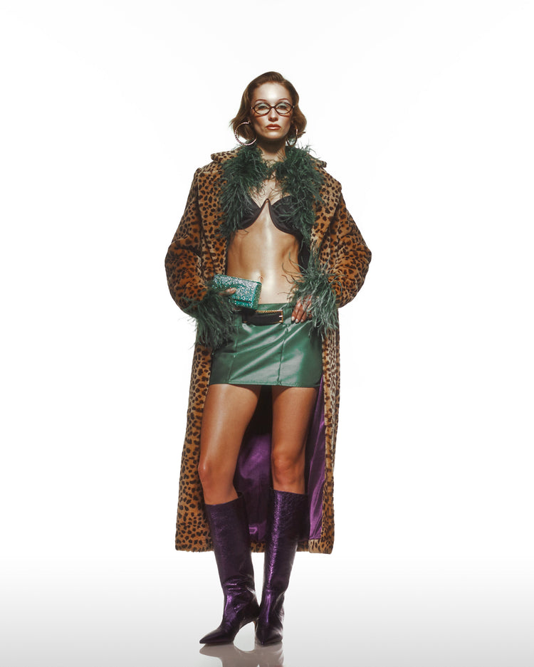 Low-rise Green Satin Mini Skirt With Brand Belt