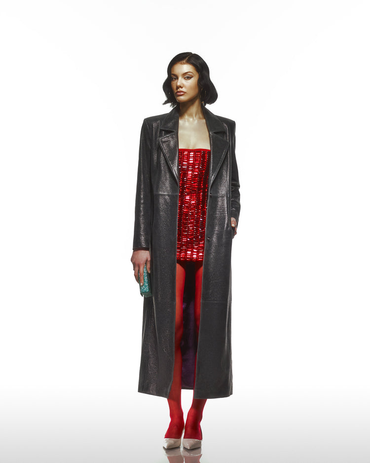 Mor Astarlı Eskitme Efektli Deri Trençkot