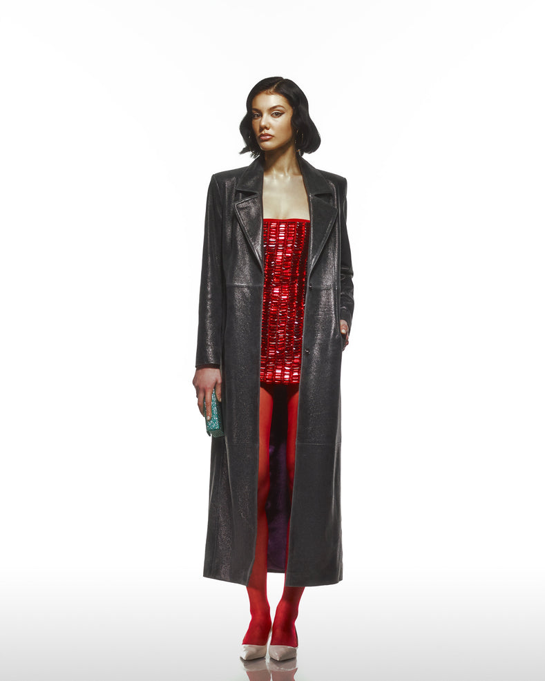 Mor Astarlı Eskitme Efektli Deri Trençkot