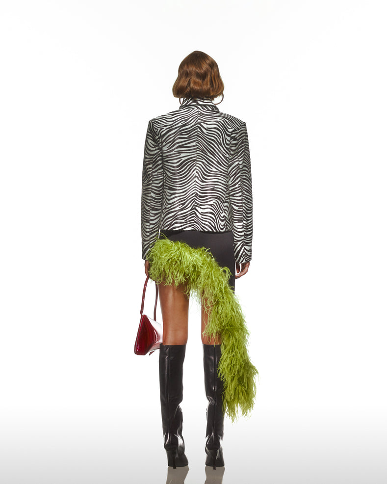 Asymmetric Slit  Black Crepe Skirt With Green Ostrich Trim