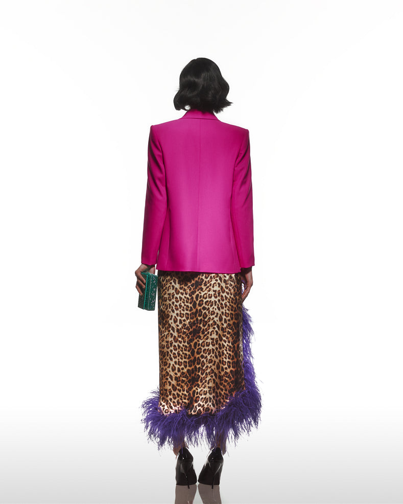 Leopard Print Silk Skirt With Purple Ostrich Trim