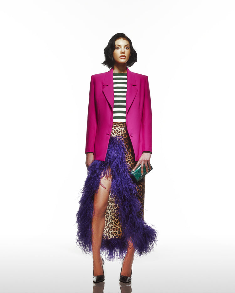 Leopard Print Silk Skirt With Purple Ostrich Trim