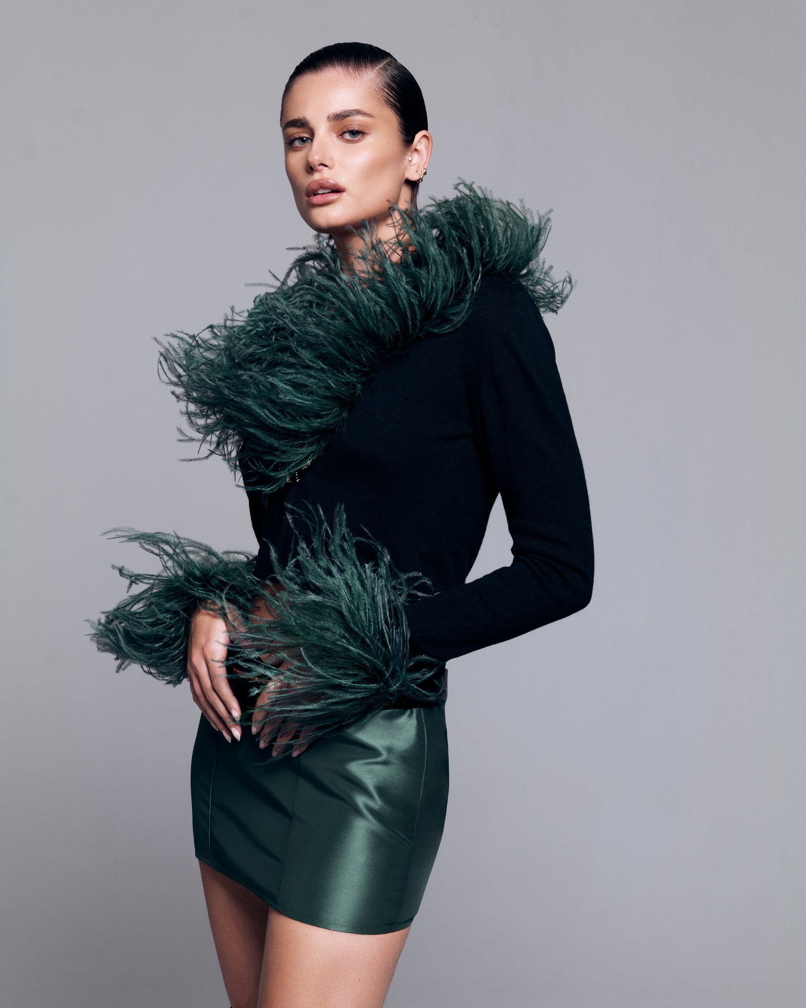 Low-rise Green Satin Mini Skirt With Brand Belt