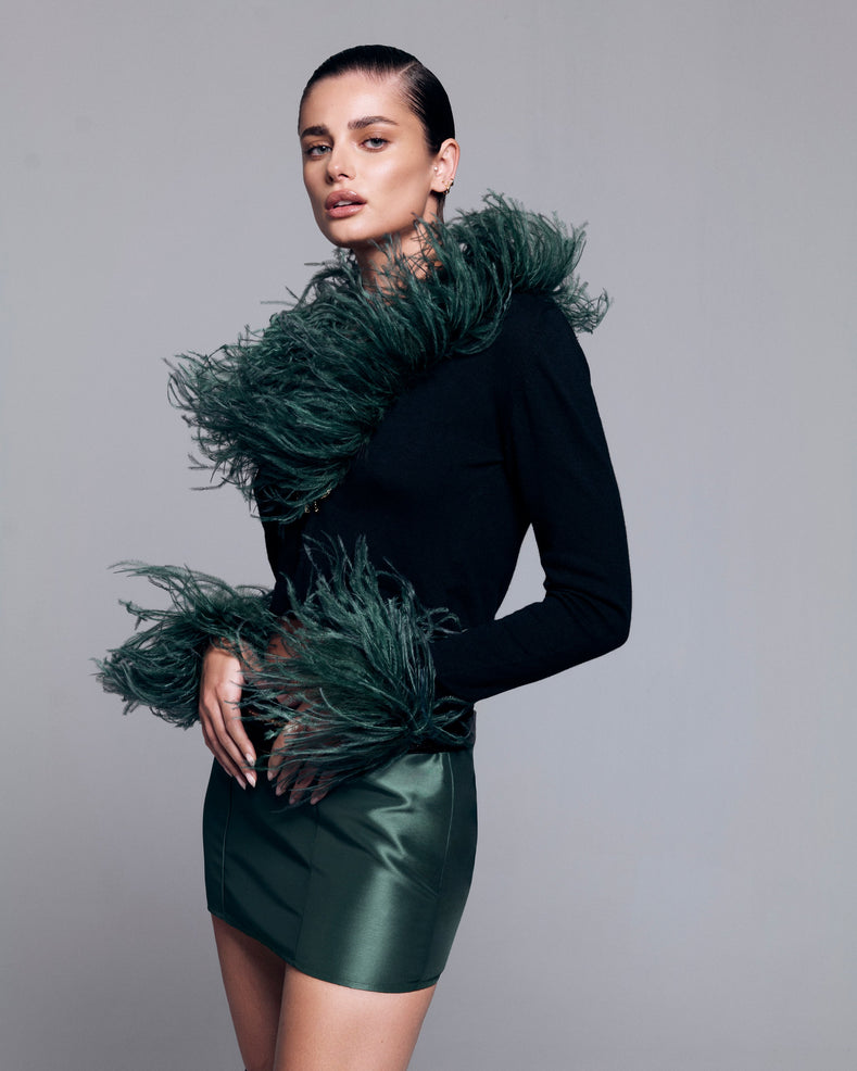 Low-rise Green Satin Mini Skirt With Brand Belt