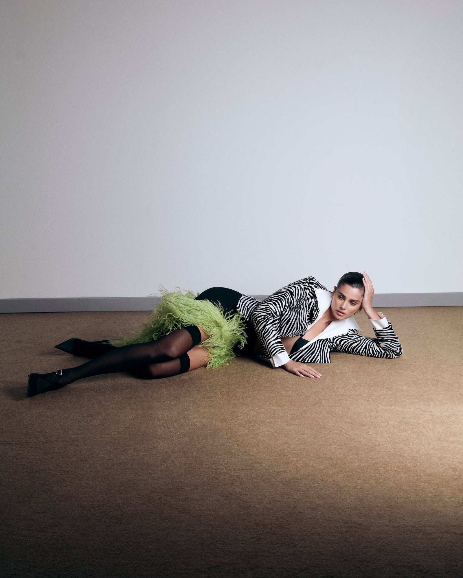 Asymmetric Slit  Black Crepe Skirt With Green Ostrich Trim