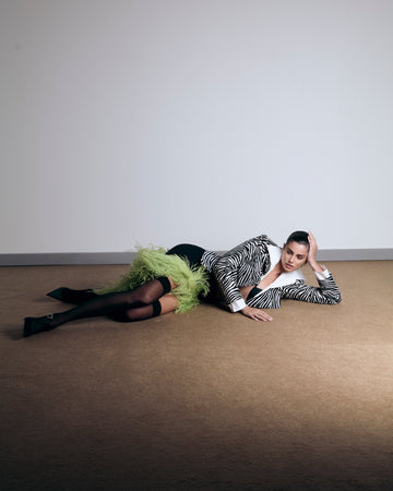 Asymmetric Slit  Black Crepe Skirt With Green Ostrich Trim