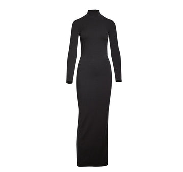 Arkası Zincir Detaylı Siyah Uzun Kollu Maksi Elbise