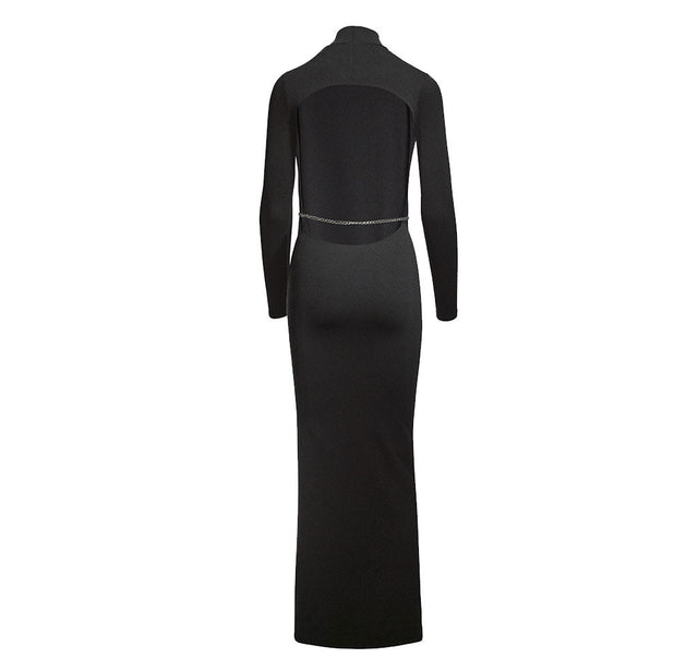 Up And Coming Black Long Sleeve Maxi Dress With Chain In The Back