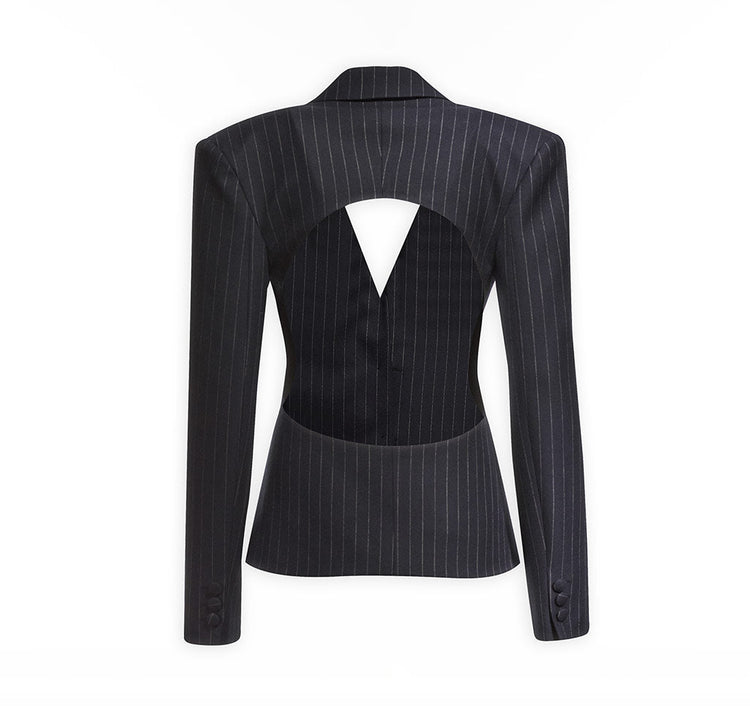 Striped Backless Blazer Jacket With Shoulder Pads