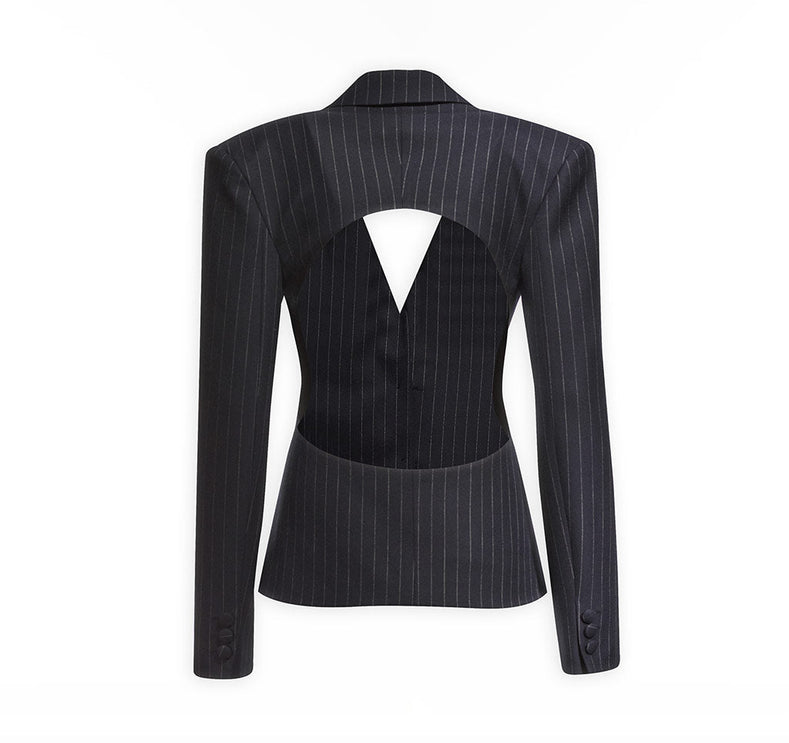 Striped Backless Blazer Jacket With Shoulder Pads