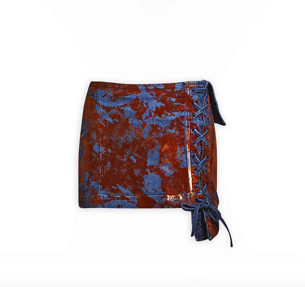 Flok Kaplamalı Denim Mini Etek