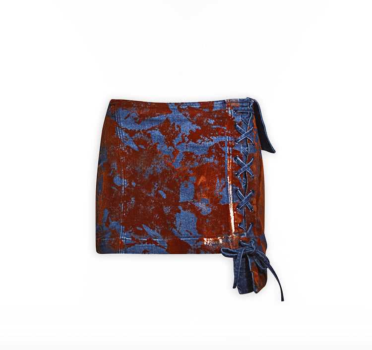 Flok Kaplamalı Denim Mini Etek