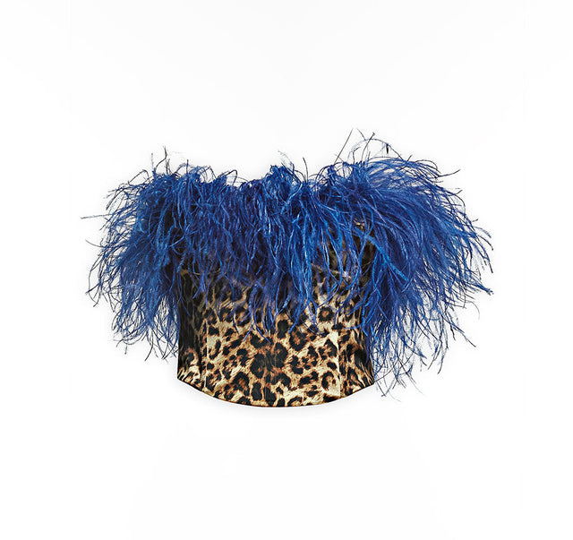 Leopard Print Silk Corset With Blue Ostrich Bust