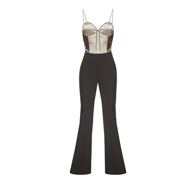 Corsetted Jump Suit With Satin And See Through Bustiyer