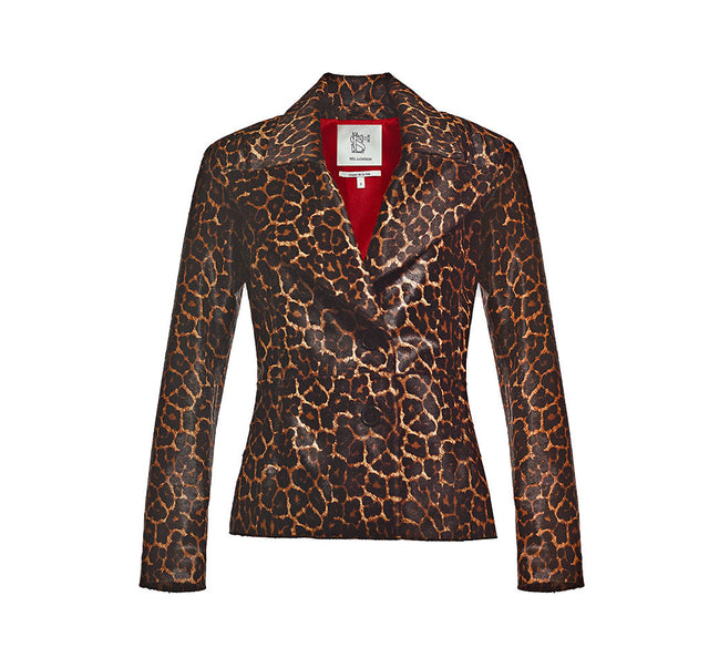 Leopard Print Pony  Hair Blazer Jacket With Red Lining