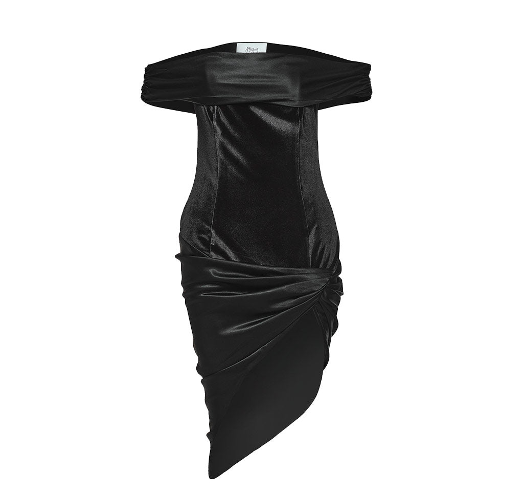 Off Shoulder Velvet Dress With Shiny Fabric Details