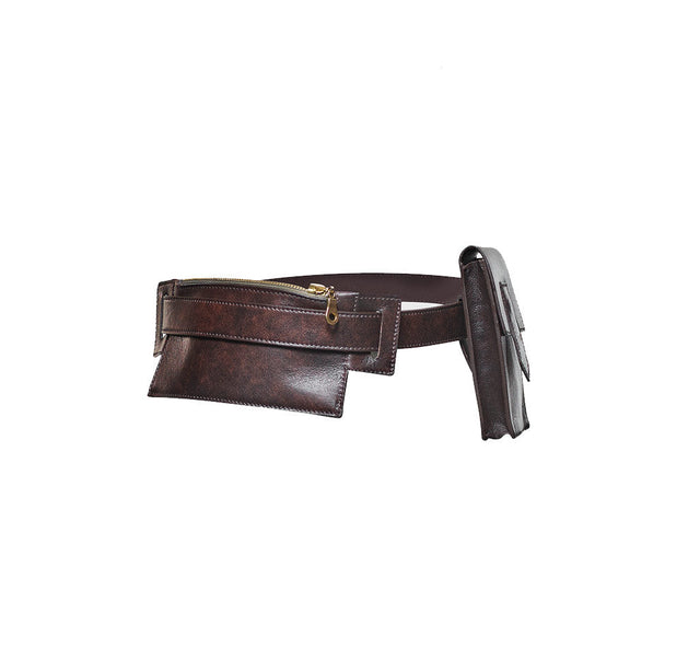 Brown Leather Belt Bag Set With Brand Logo