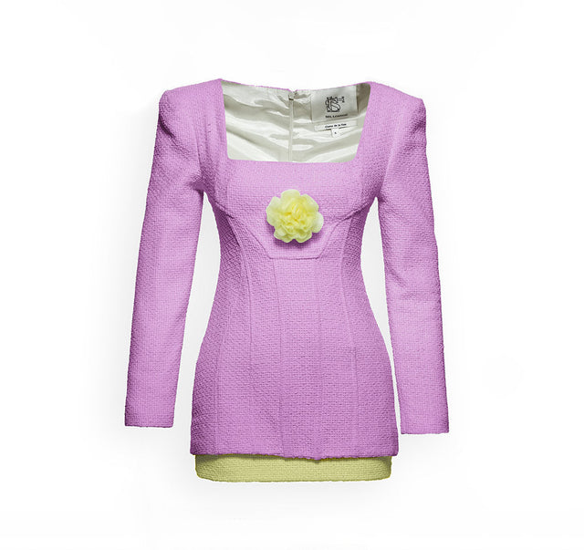 Corsetted Lilac Dress With Yellow Rosette And Hemline